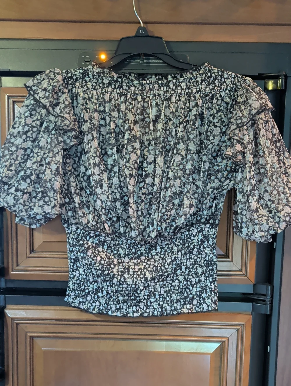 Free People Black and White Floral Puff-Sleeve Smocked Top